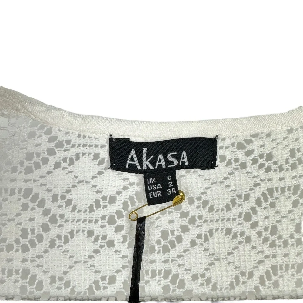 NWT Akasa Sz 6 Women's White Crochet Lace Vneck Hook‎ Eye Front Cover Up Boho